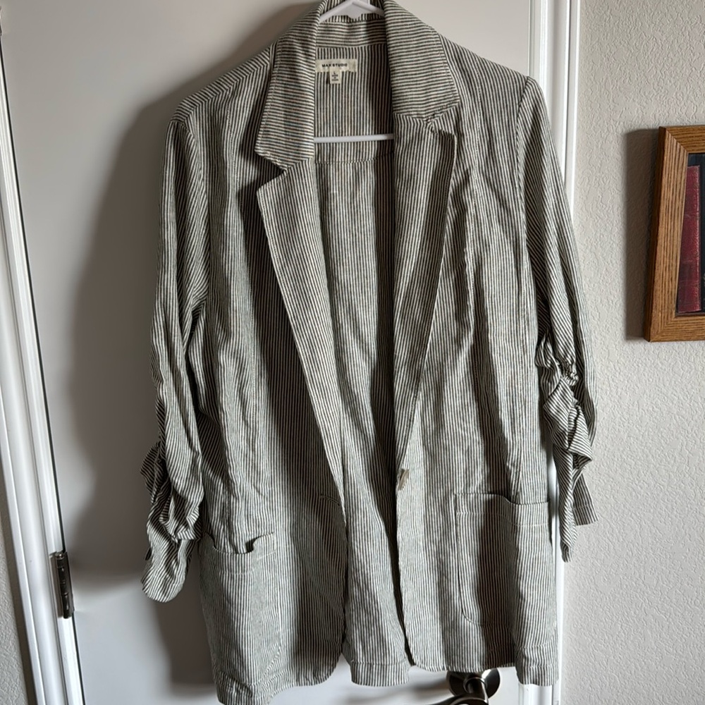 Max Studio Women’s Size Large Striped Linen Blend Blazer 3/4 Ruched Sleeves